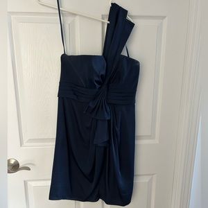 BCBG maxazria one shoulder navy satin dress size 10